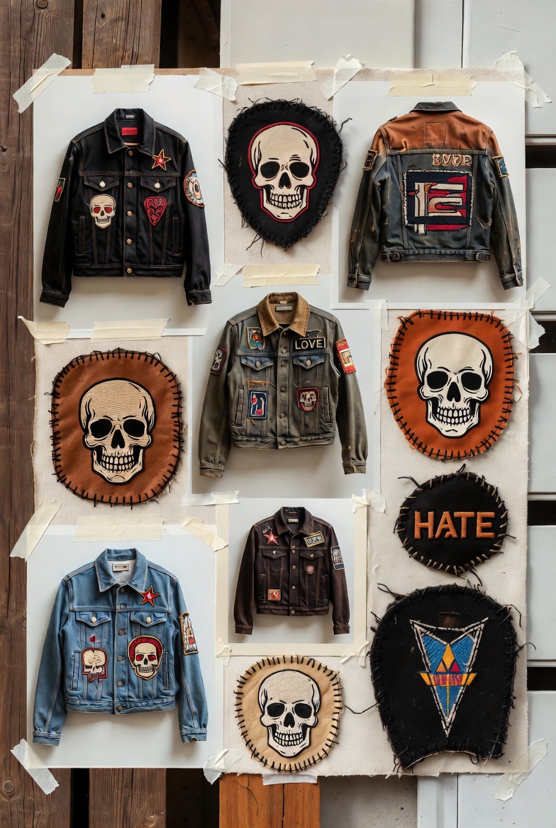 Illustrated collage suggesting custom embellished retro jackets and patches